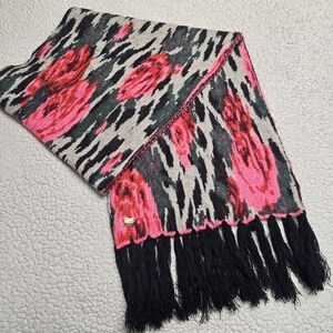 Betsey Johnson Sweater Knit Scarf Pink Rose Floral Black Fringe 72" X 16"